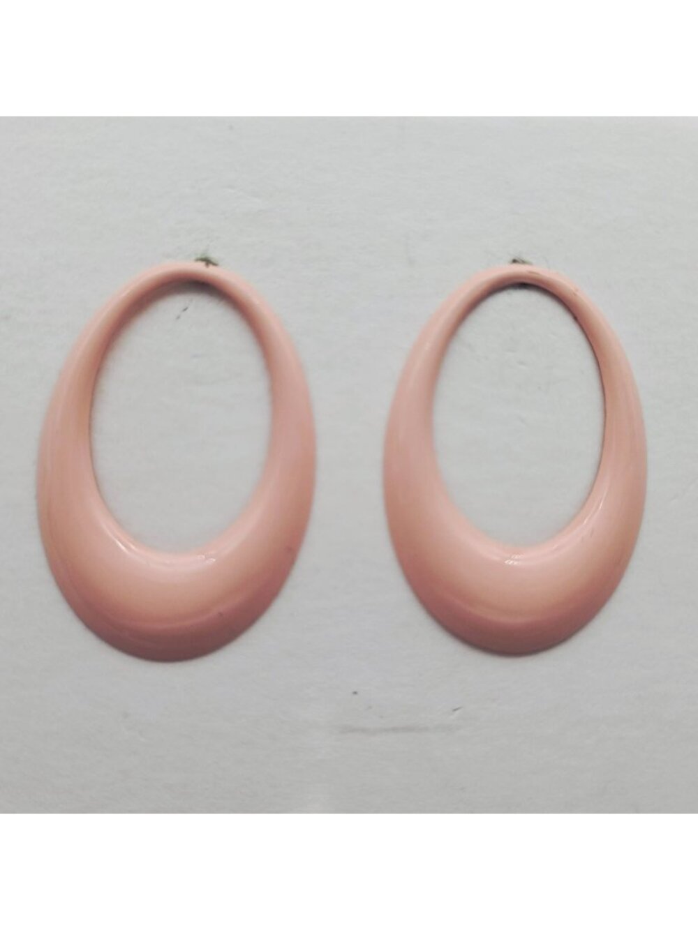 Oval Pink Peach Enamel Hoop Earrings With Post Backing 1-3/4" Vintage
